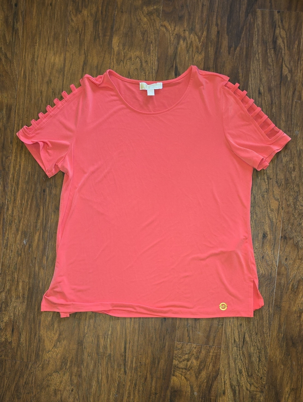 Michael Kors Coral Short Sleeve Top with Ladder Shoulder Detail